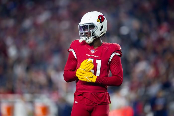 Cardinals former linebacker Myjai Sanders against the New England Patriots at State Farm Stadium.